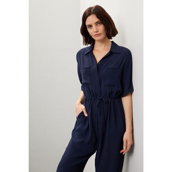 THAKOON COLLECTIVE Navy Short Sleeve Collared Front Button Jumpsuit Size 6 - Picture 2 of 13